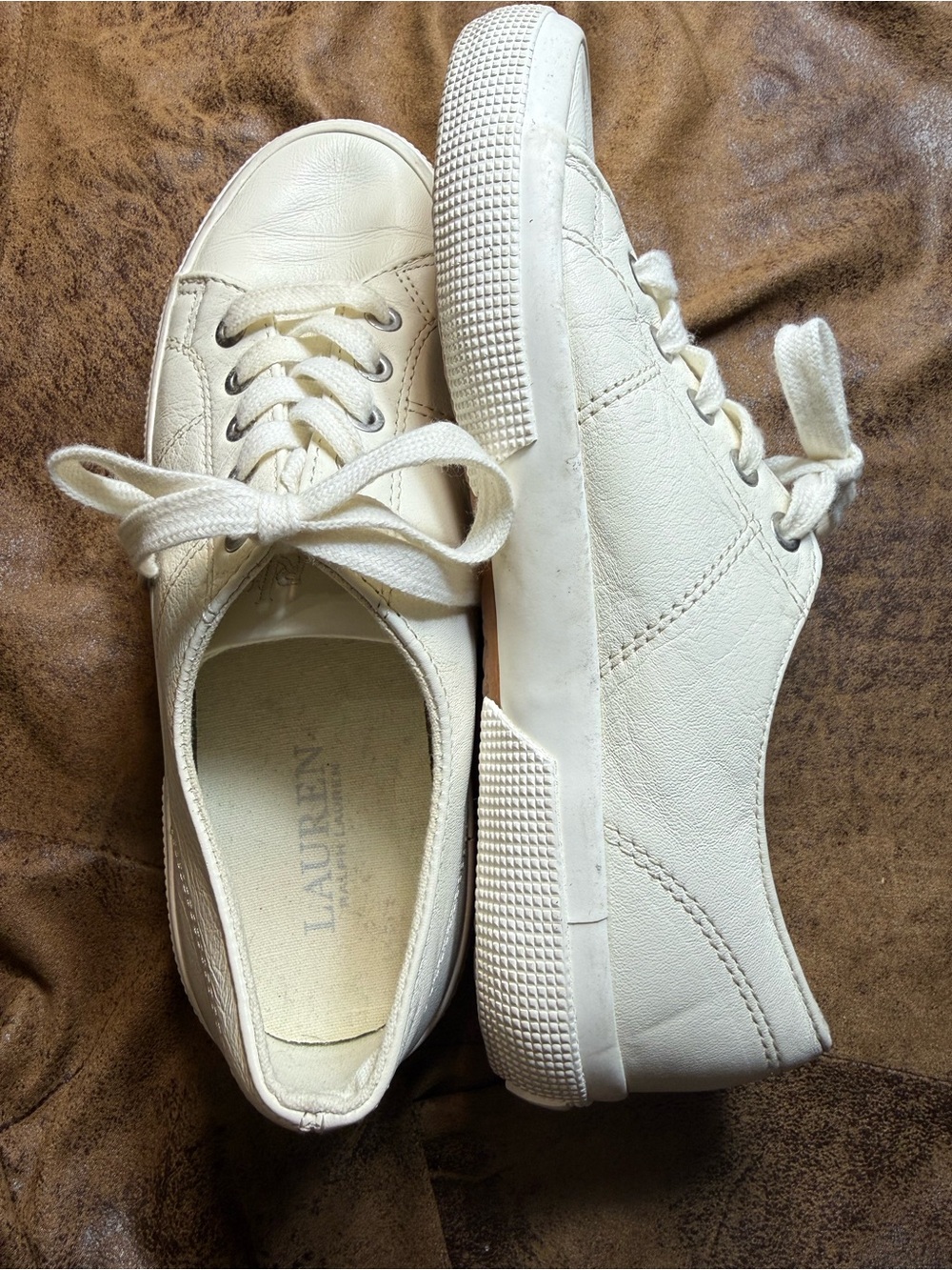 69. Lauren Ralph Lauren Jolie Cream Lace-Up Leather top Women's Sneakers